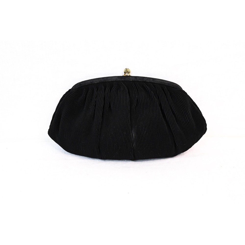 Vintage Garay Black Pleated Fabric Clutch Purse Gold Tone Kiss Lock Evening Bag